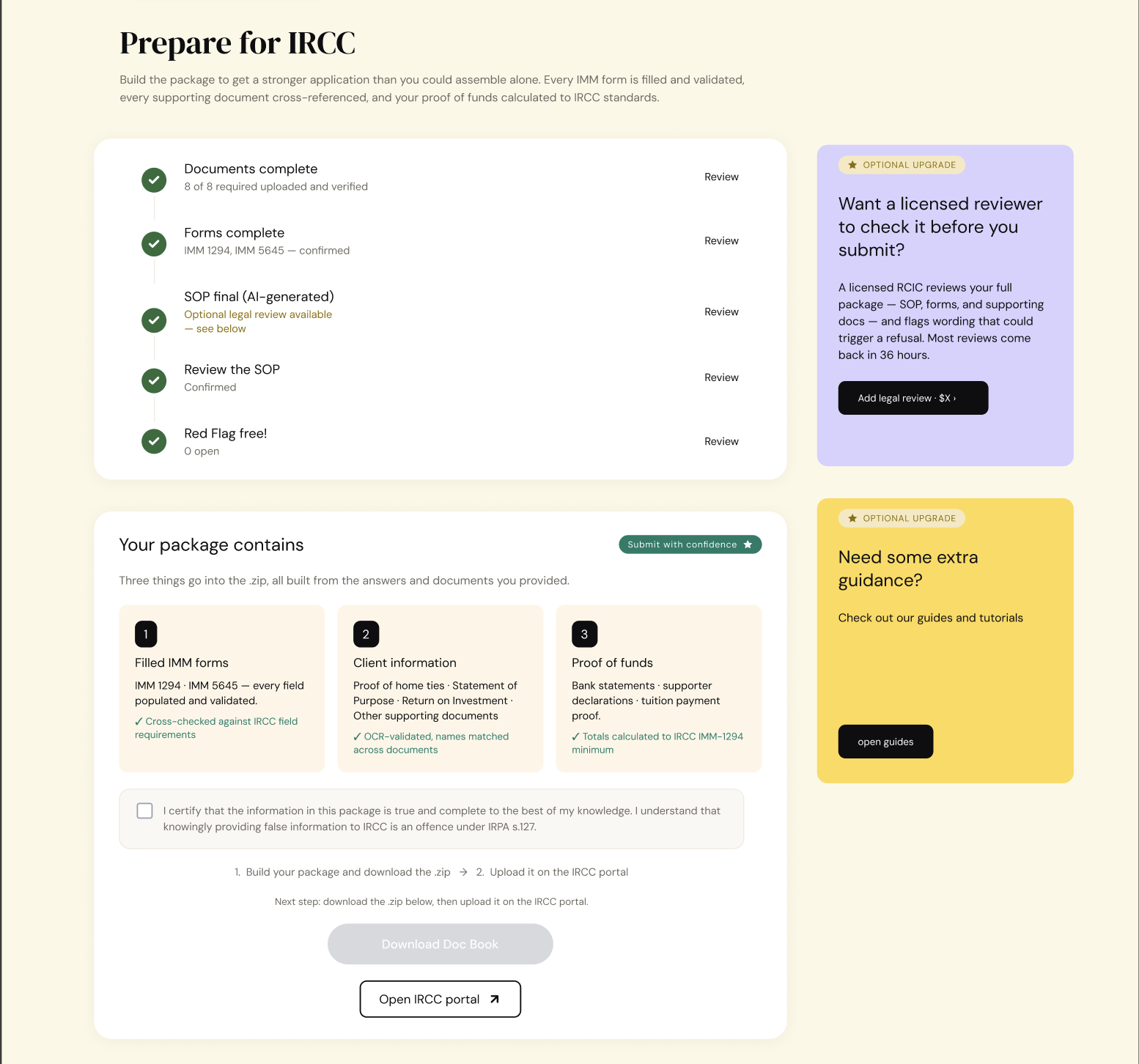 The Prepare for IRCC screen showing a completed document checklist, the optional legal-review upgrade, and the indexed submission package ready to download.