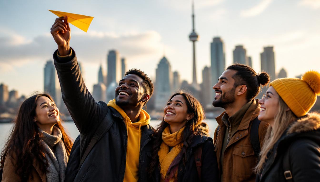 Happy young immigrants, one holding a yellow paper plane