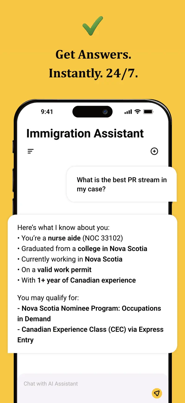 PR Compass immigration assistant chat answering which PR stream fits the user's profile