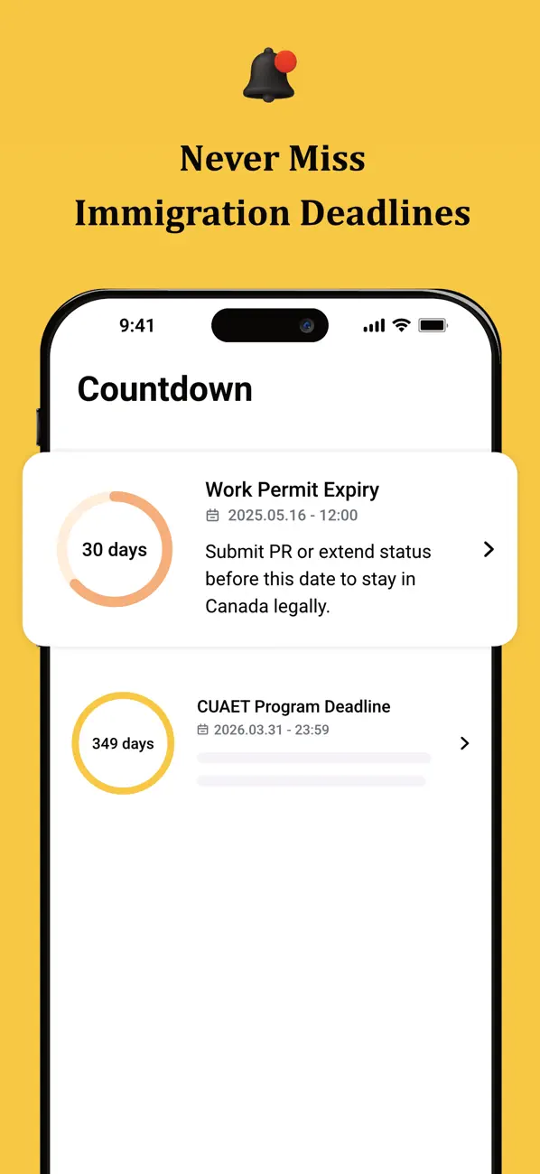 PR Compass countdown screen showing days remaining until work permit expiry and a program deadline