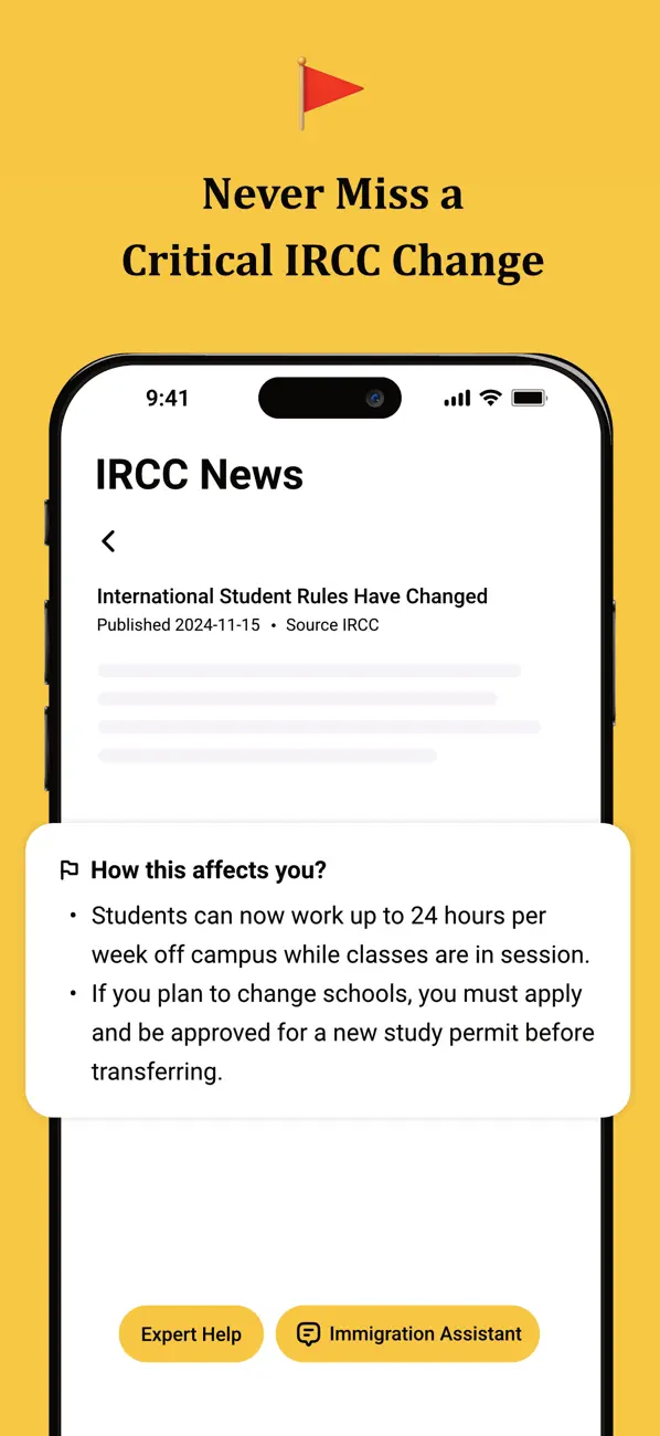 PR Compass IRCC news screen showing a policy update with a plain-language 'How this affects you' breakdown